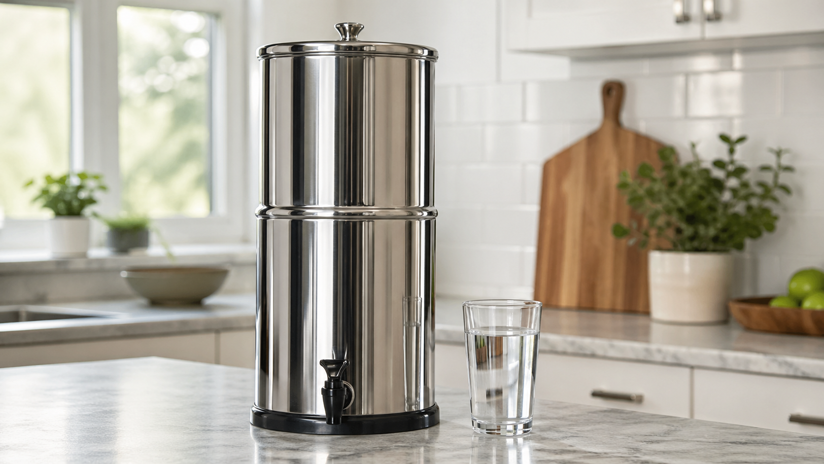 Stainless steel countertop gravity water filter with a glass of water in a bright modern kitchen.