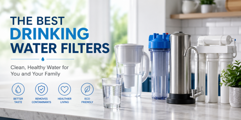 Best drinking water filters displayed on a modern kitchen counter with a glass of clean filtered water
