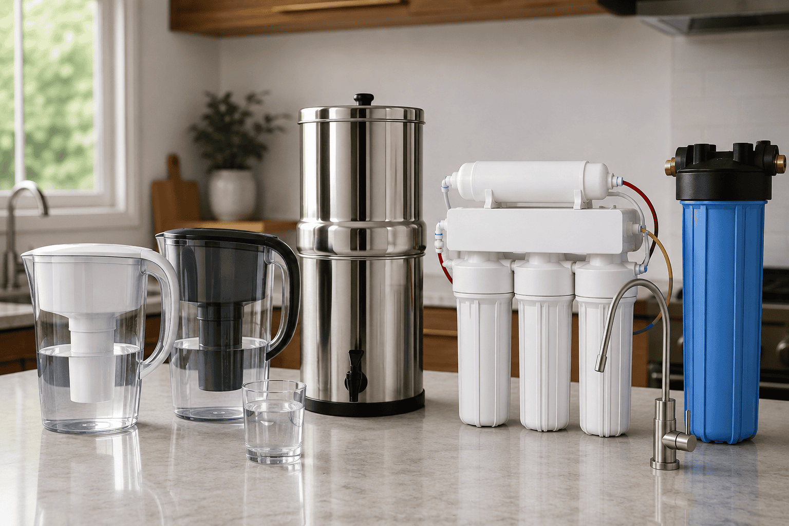 Selection of drinking water filters including pitcher, countertop, reverse osmosis, and whole-house filtration systems in a modern kitchen.