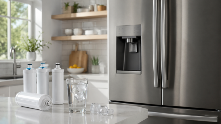 Refrigerator water dispenser beside replacement water filter cartridges and a glass of ice water in a modern kitchen.