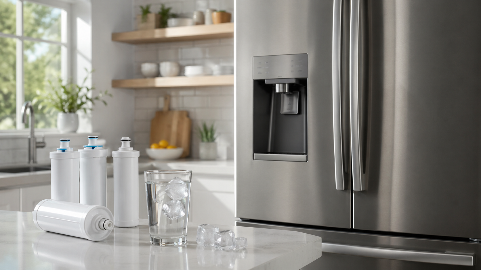 Refrigerator water dispenser beside replacement water filter cartridges and a glass of ice water in a modern kitchen.