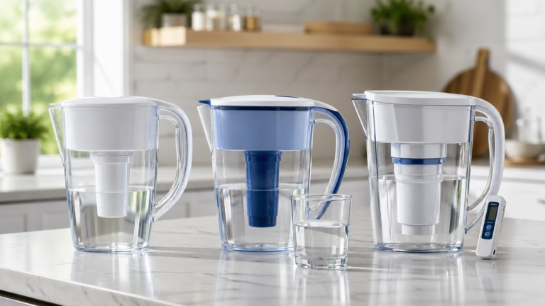 Three water filter pitchers side by side on a kitchen counter for a Brita, PUR, and ZeroWater comparison.