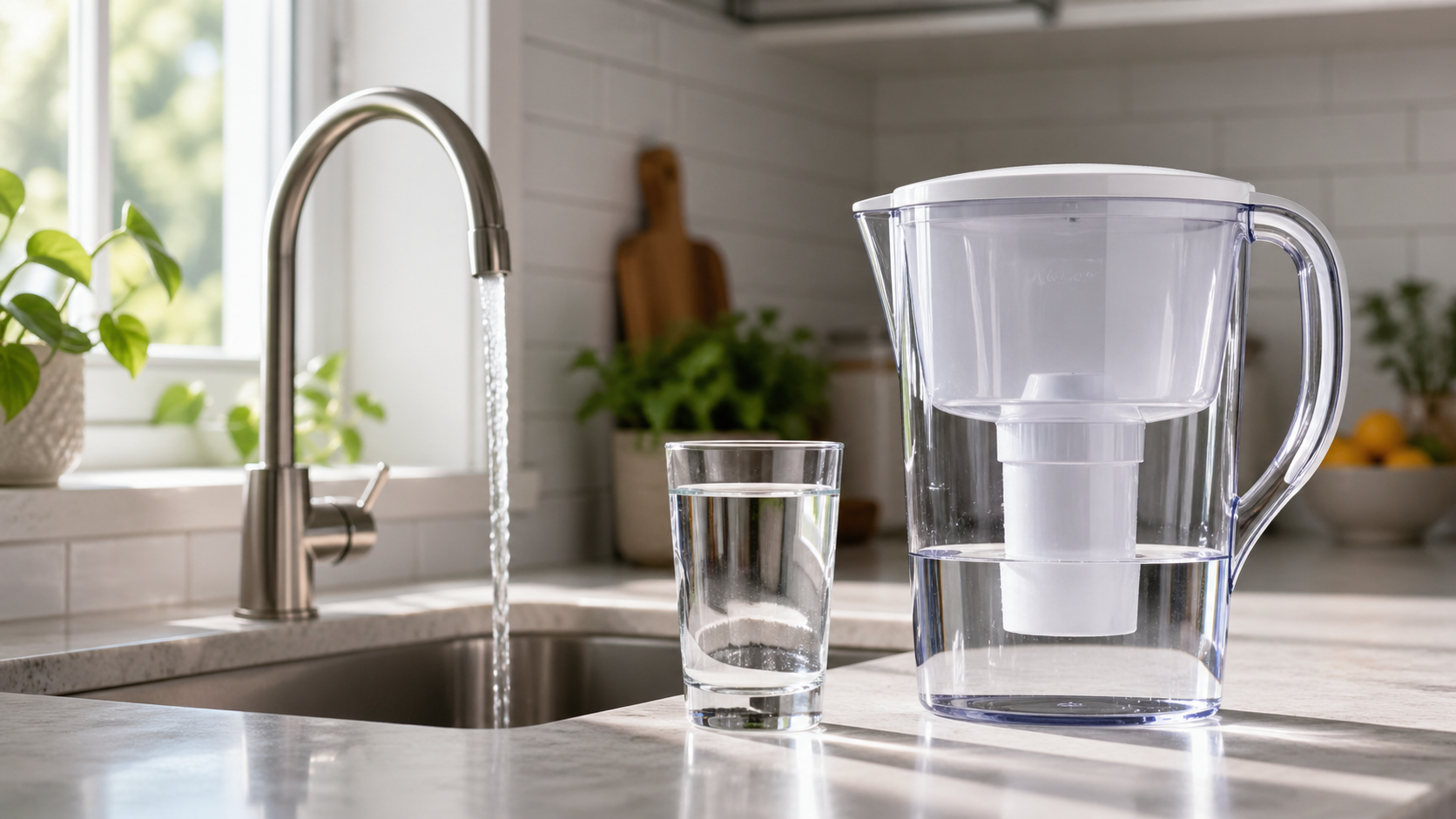 Water filter pitcher and glass of clear water beside a running kitchen faucet.