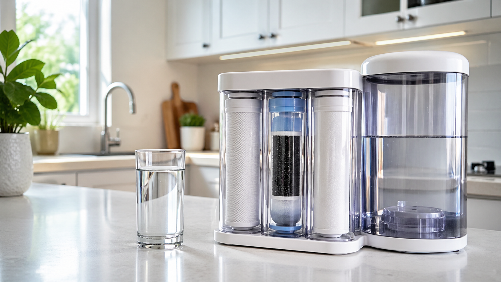 Countertop water filtration system with visible filter cartridges beside a glass of clear drinking water.
