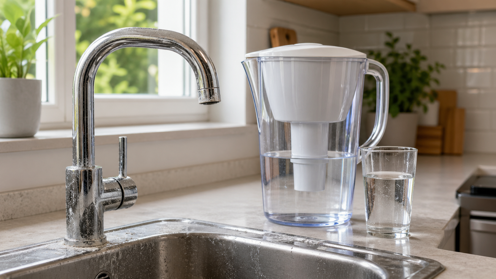 Water filter pitcher and glass beside a kitchen faucet with visible hard water mineral buildup.