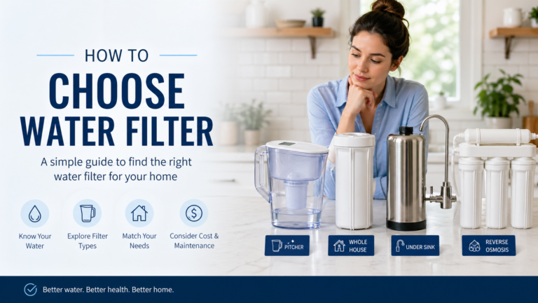 A homeowner comparing different drinking water filter options on a bright kitchen counter, including pitcher, countertop, under-sink, and reverse osmosis filters.