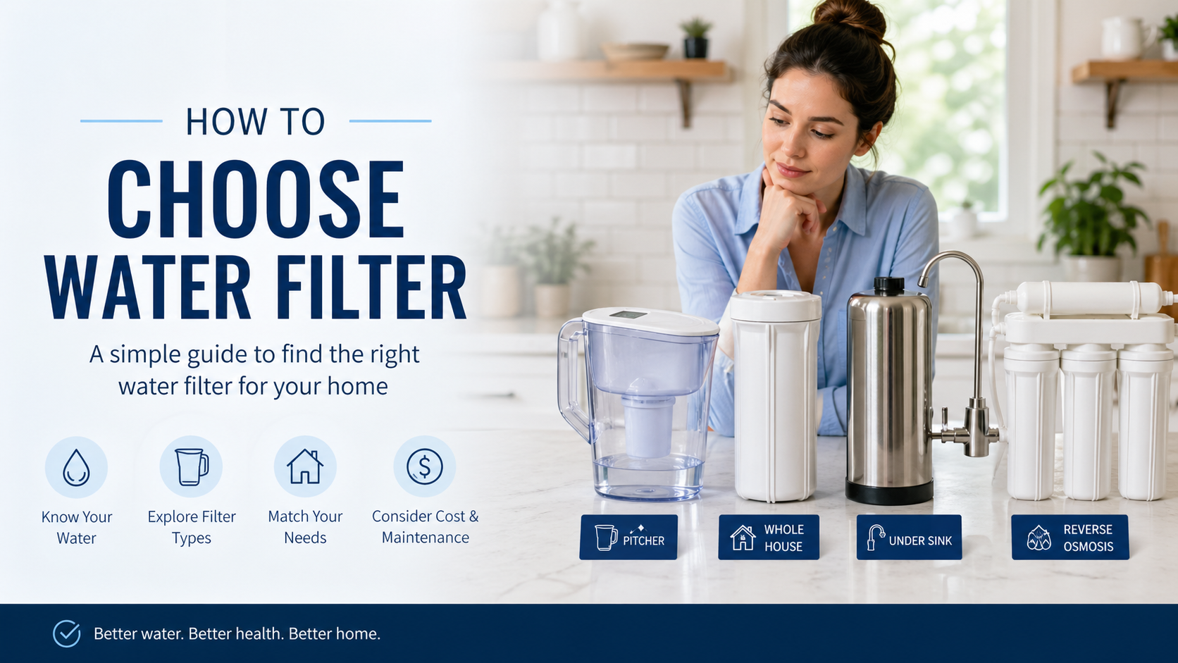 A homeowner comparing different drinking water filter options on a bright kitchen counter, including pitcher, countertop, under-sink, and reverse osmosis filters.