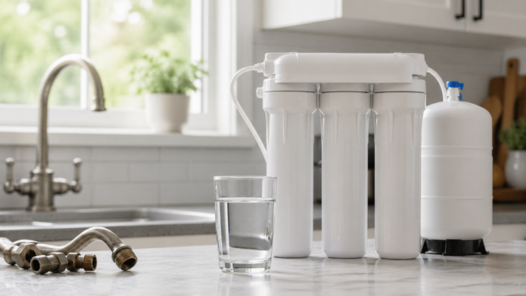 Under-sink water filtration system with a glass of clear water and old plumbing fittings on a kitchen counter.