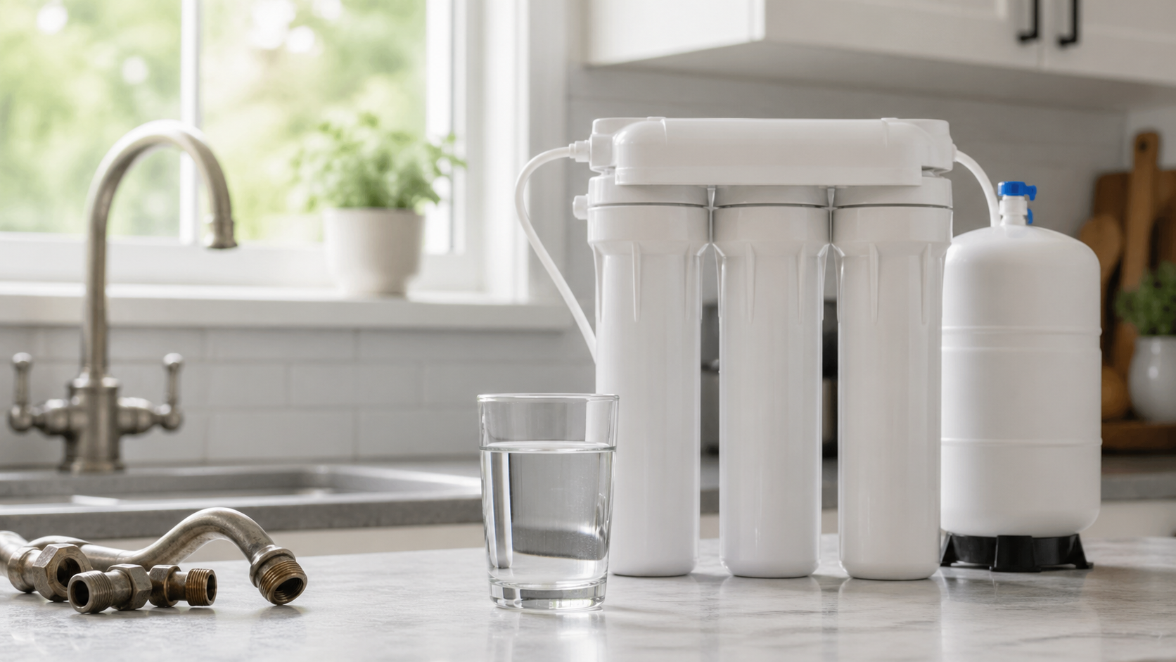 Under-sink water filtration system with a glass of clear water and old plumbing fittings on a kitchen counter.