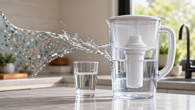 Water filter pitcher and glass of clean water beside a stream of water showing tiny microplastic particles.