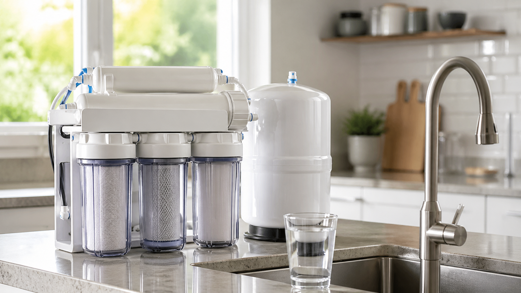 Reverse osmosis water filtration system with a glass of clear water beside a modern kitchen sink.