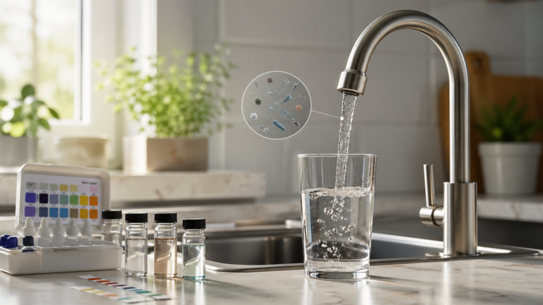 Kitchen faucet filling a glass of tap water beside a home water testing kit and sample vials.