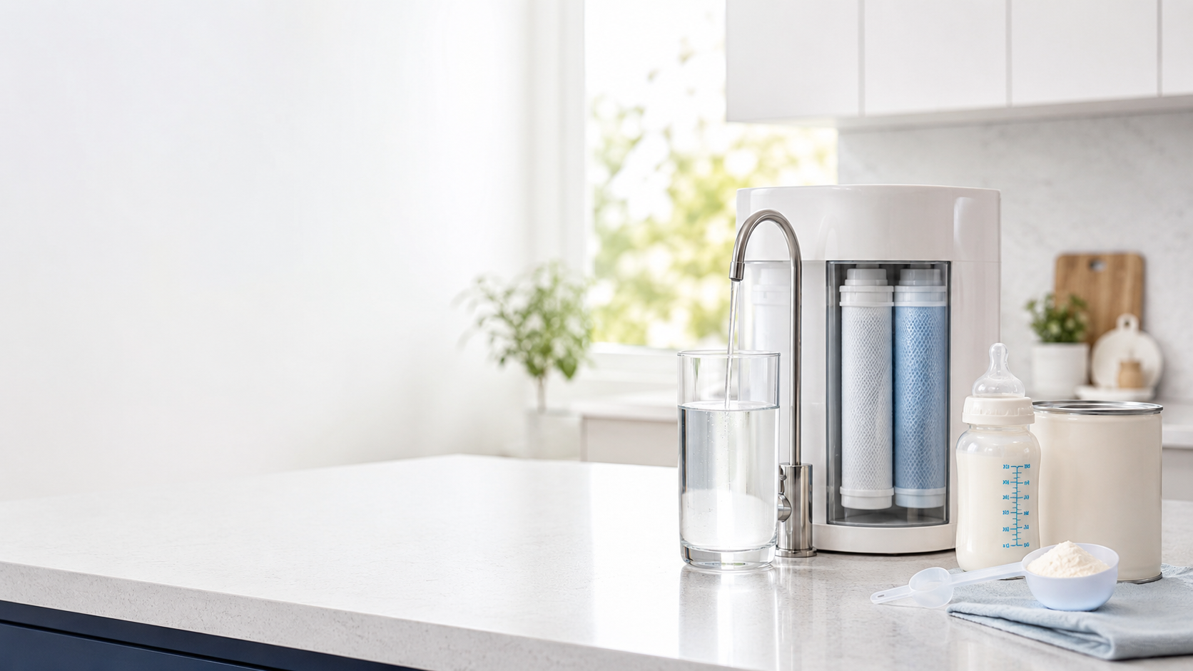 Filtered water system beside a baby bottle and formula supplies on a bright kitchen counter.
