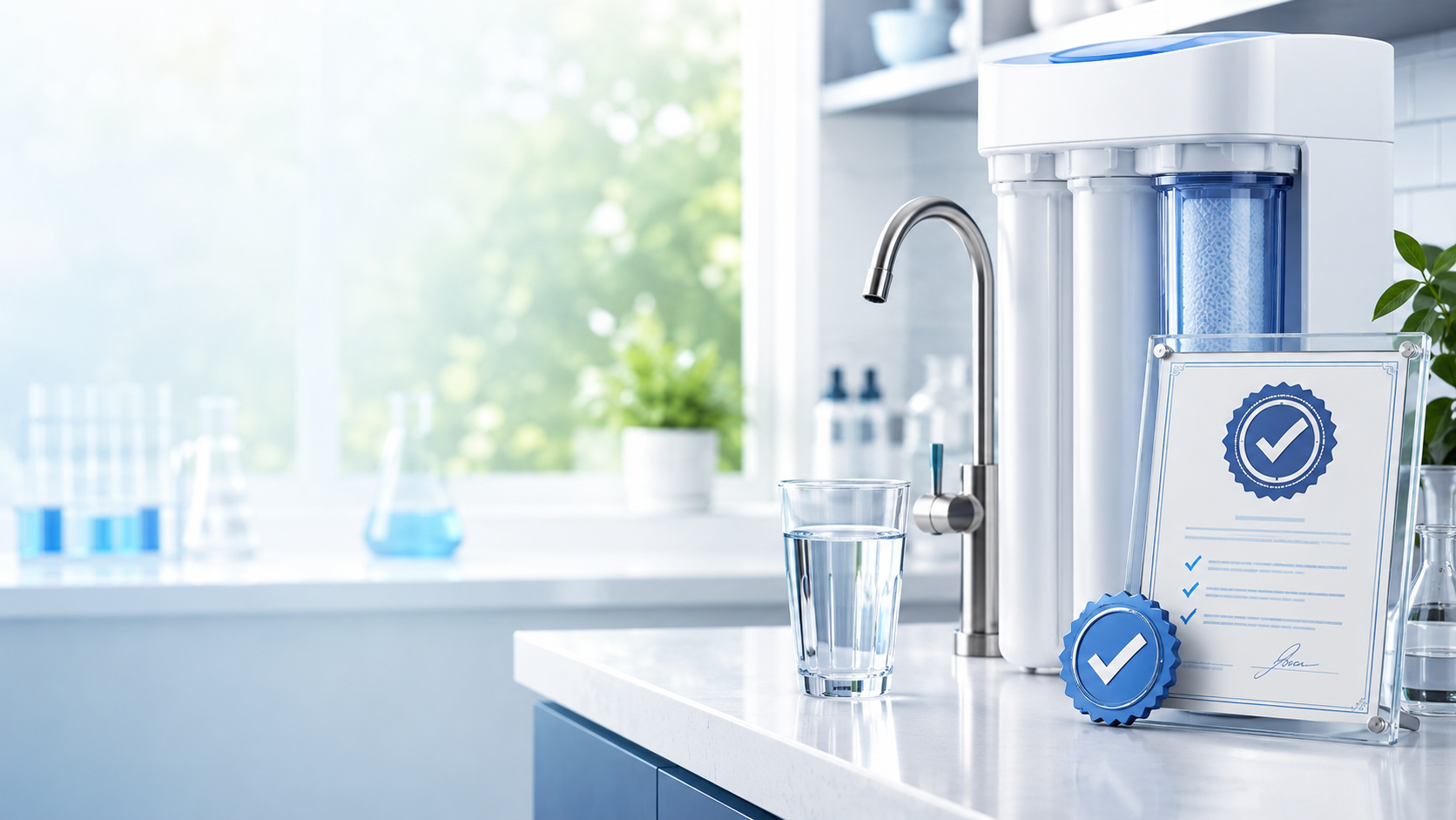 Certified under-sink water filter system with a glass of clean water and quality approval seals.