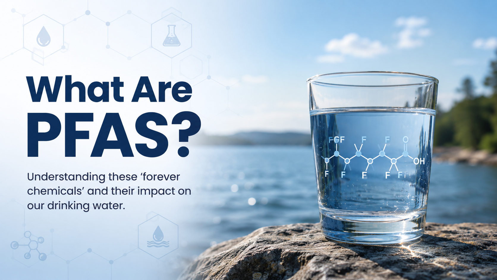 Glass of drinking water by a lake with PFAS molecular graphics and the title What Are PFAS?