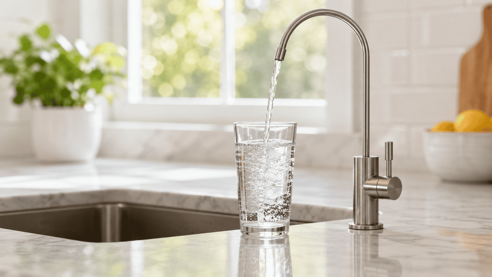Dedicated drinking water faucet dispensing clear filtered water into a glass for an APEC RO-90 reverse osmosis review.