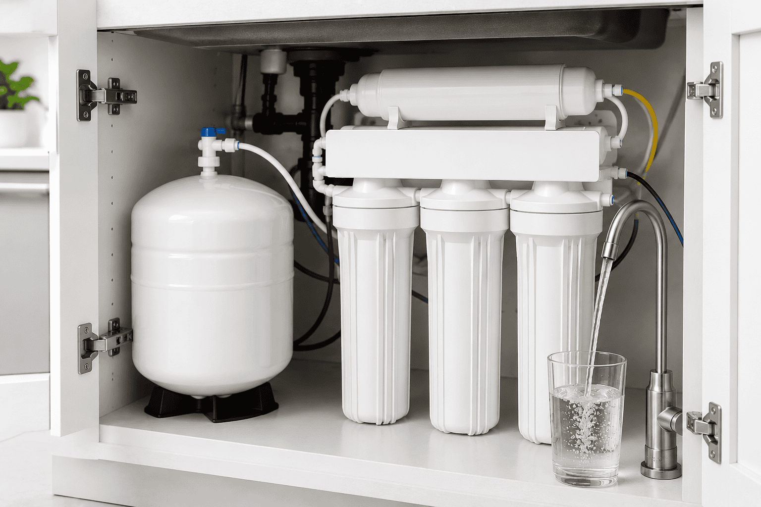 APEC ROES-50 under-sink reverse osmosis system with storage tank, filter housings, and dedicated drinking water faucet.