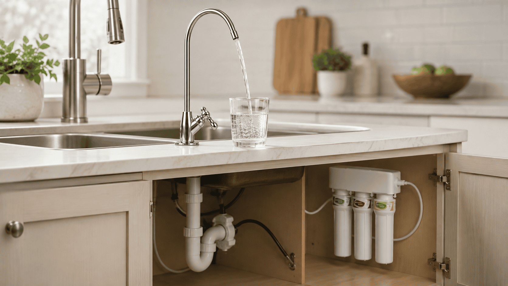 Aquasana AQ-5300+ under-sink water filter with a dedicated faucet dispensing filtered water into a glass.