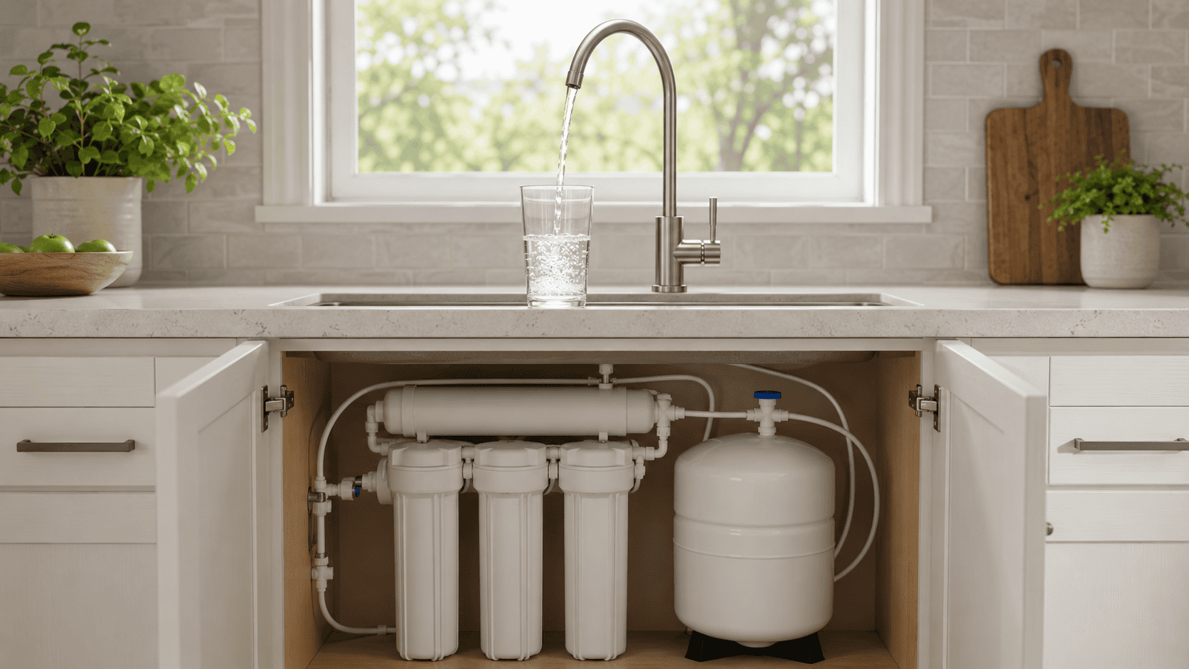Generic under-sink reverse osmosis system with storage tank and dedicated faucet for an Aquasana OptimH2O review.