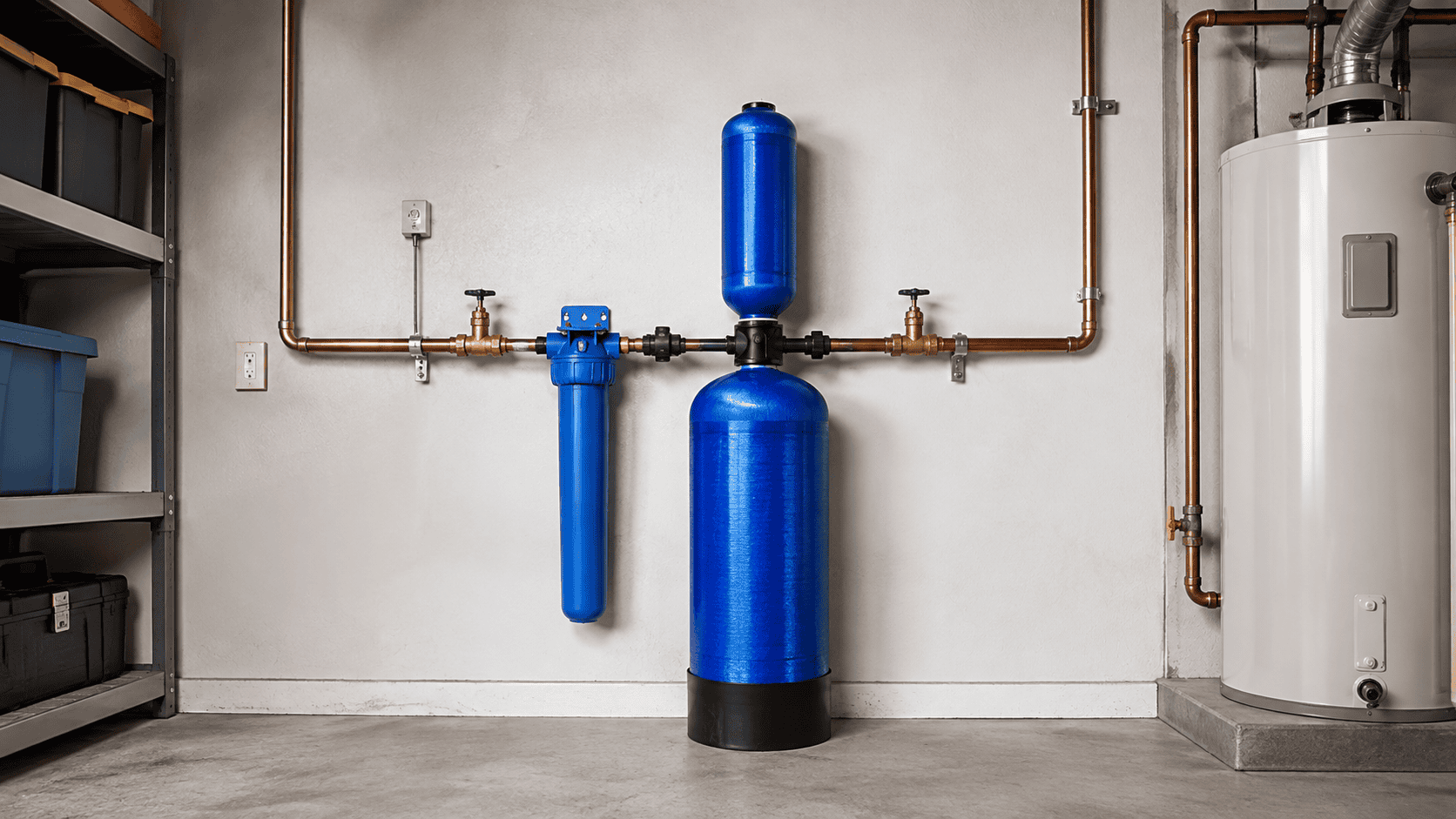 Aquasana Rhino EQ-1000 whole house water filter installed on a home’s main water line in a utility room.