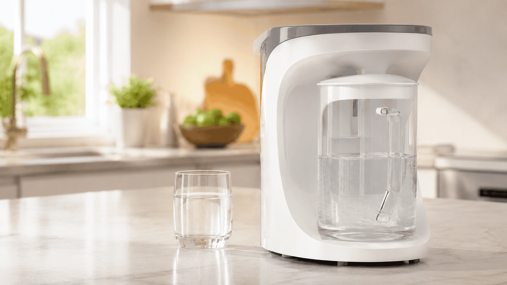 AquaTru Carafe countertop reverse osmosis water filter with a glass of filtered water in a bright modern kitchen.
