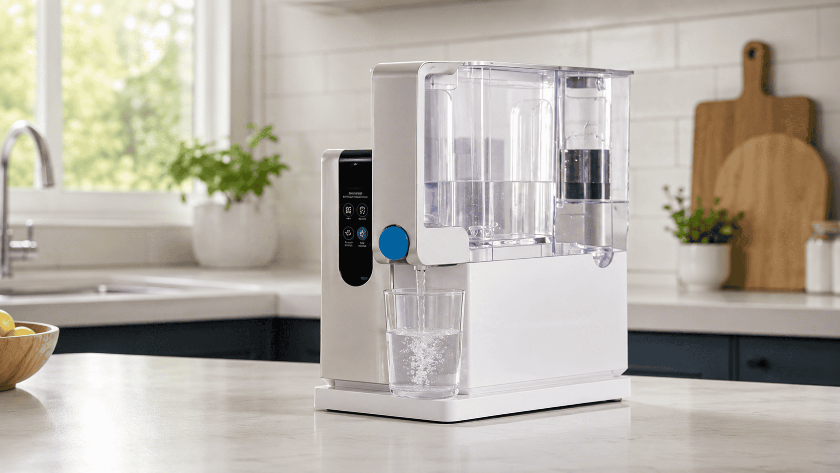 AquaTru Classic countertop reverse osmosis system dispensing filtered water into a glass in a bright modern kitchen.