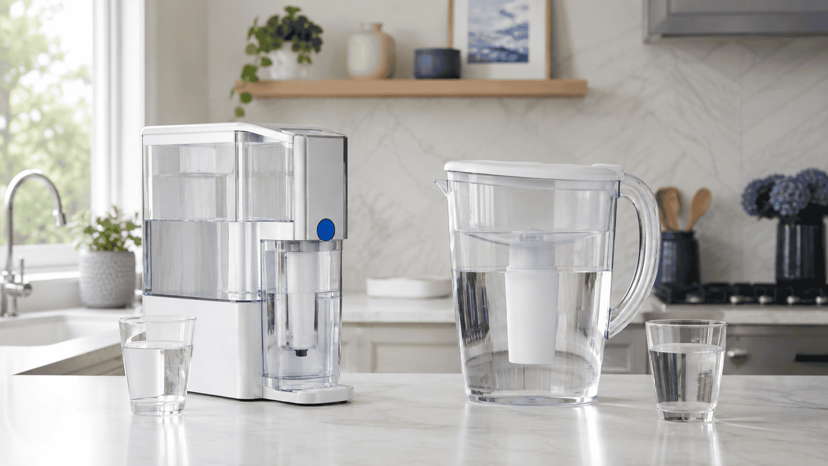 AquaTru countertop reverse osmosis system and Clearly Filtered water pitcher side by side on a bright kitchen counter.