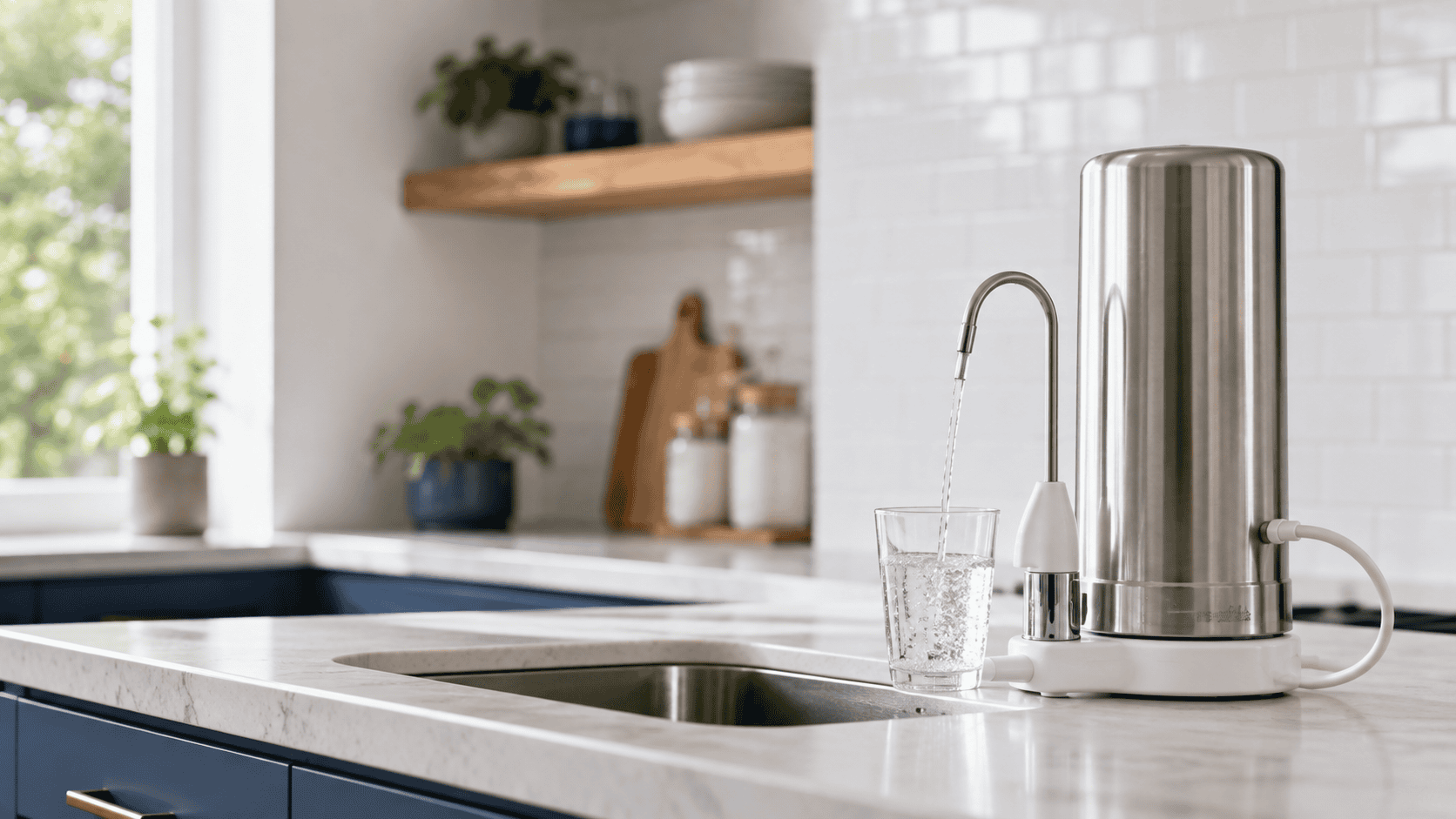 Countertop water filter dispensing filtered drinking water into a glass in a bright modern kitchen.