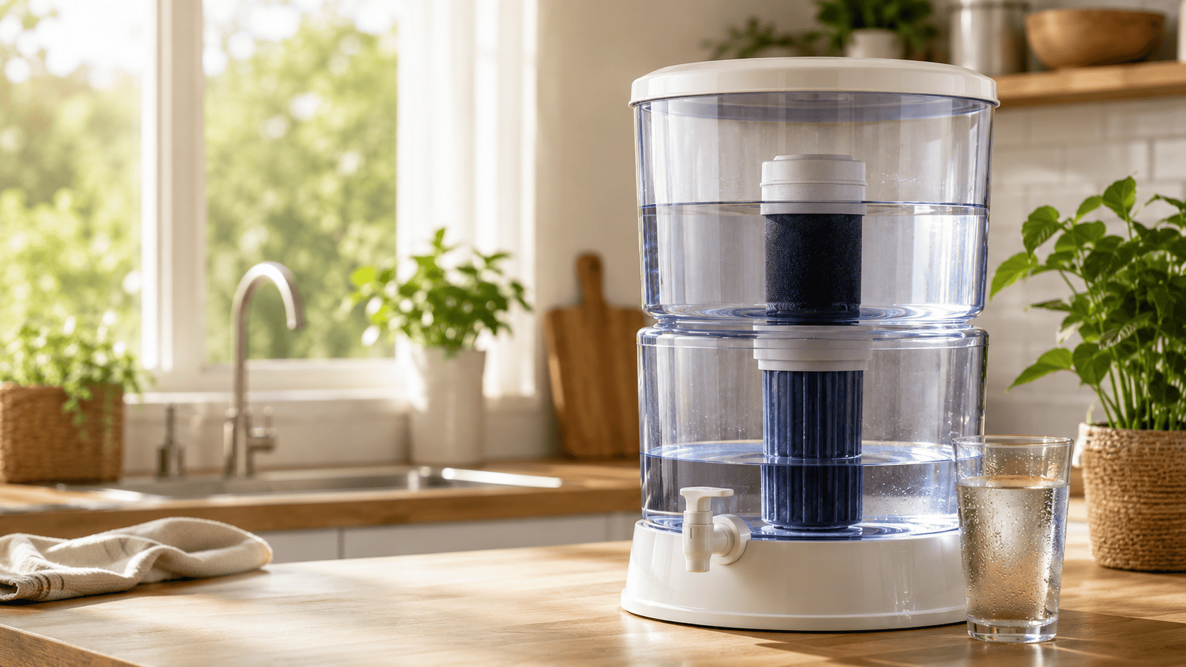 Gravity water filter dispenser on a kitchen counter beside a glass of filtered water.