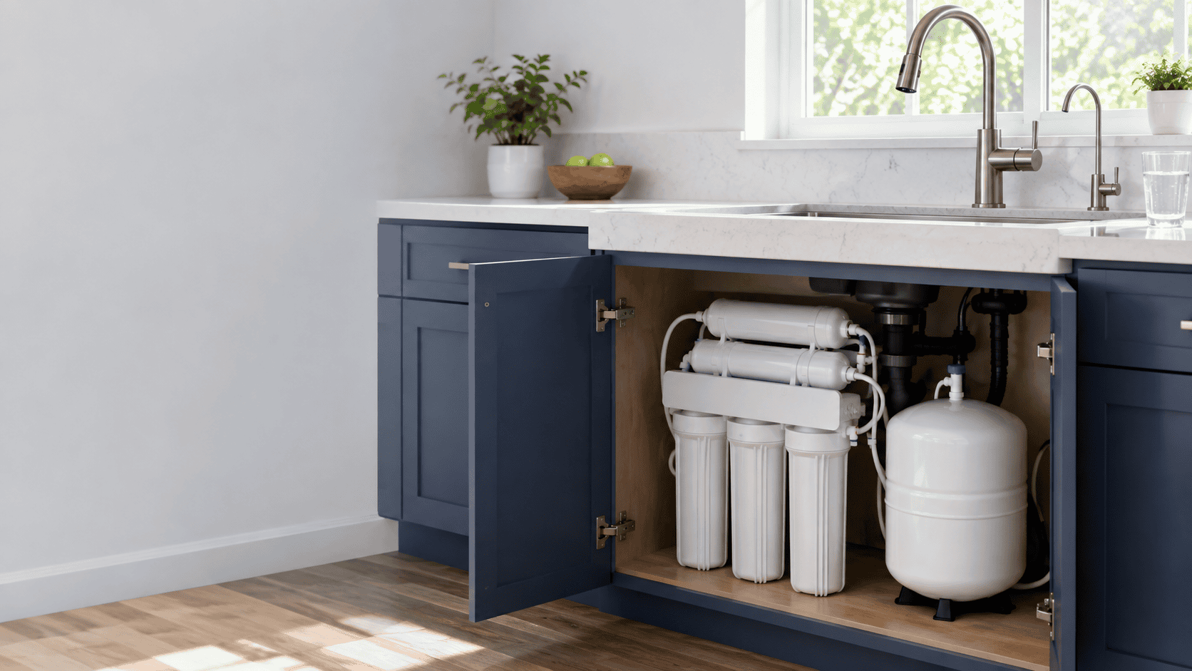 Under-sink reverse osmosis system with multiple filtration stages, storage tank, and dedicated drinking water faucet in a modern kitchen.