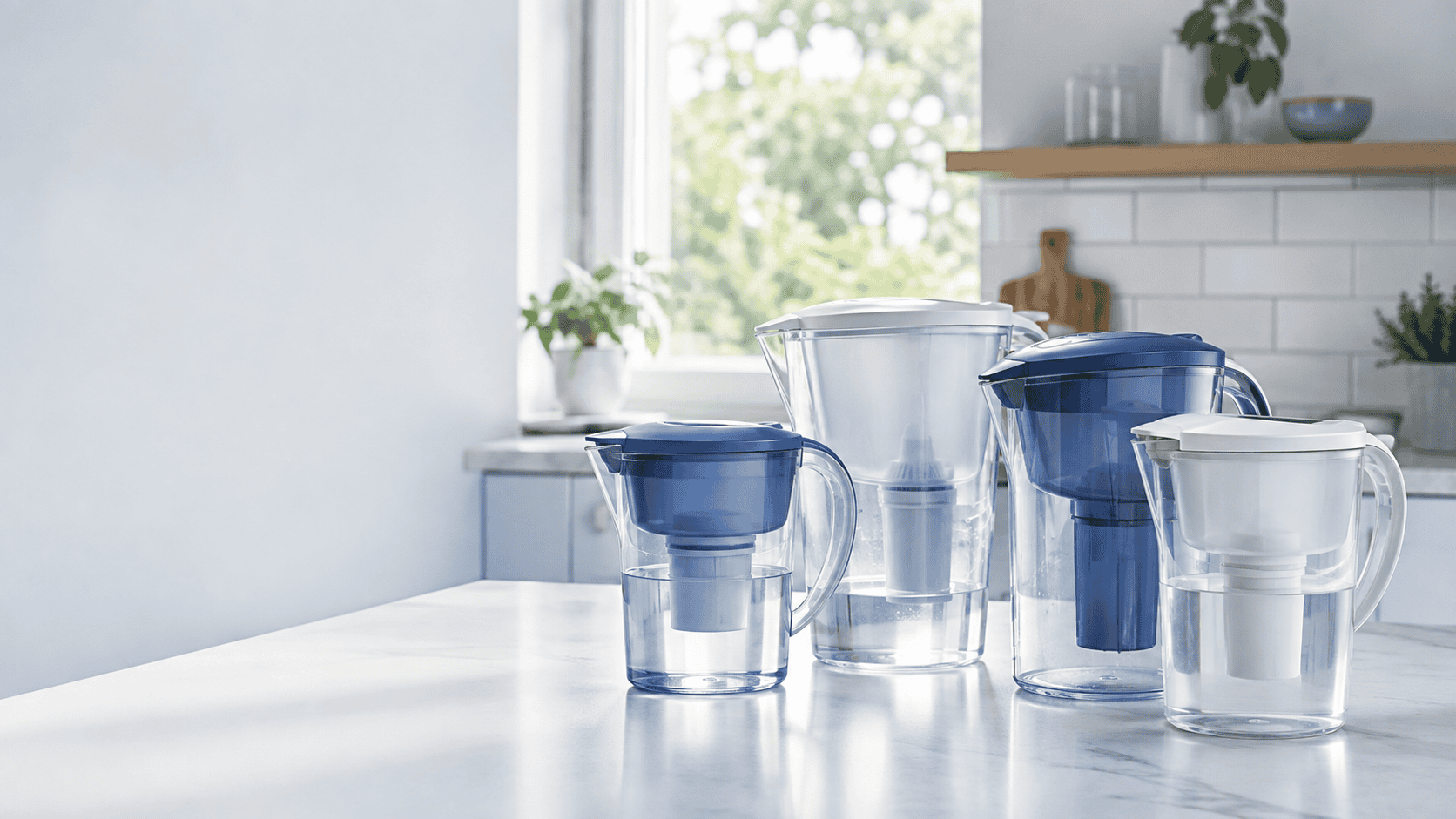 Several water filter pitchers in different shapes and sizes arranged on a bright modern kitchen counter.