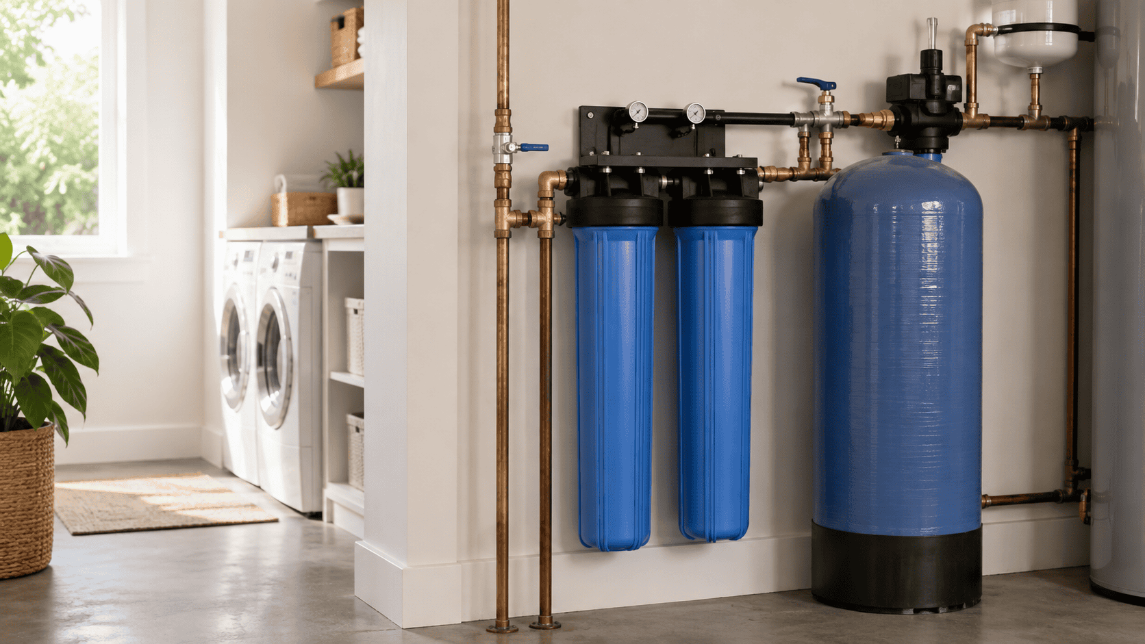Whole house water filtration system with large media tank, filter housings, gauges, and copper plumbing installed in a bright utility room.