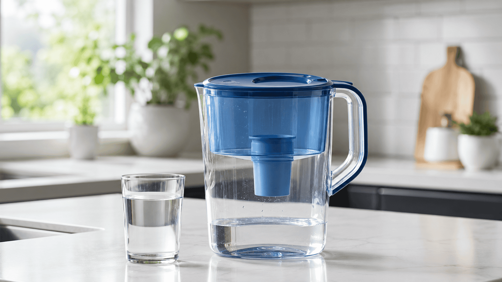 Brita Elite water filter pitcher with a glass of filtered water on a bright modern kitchen counter.