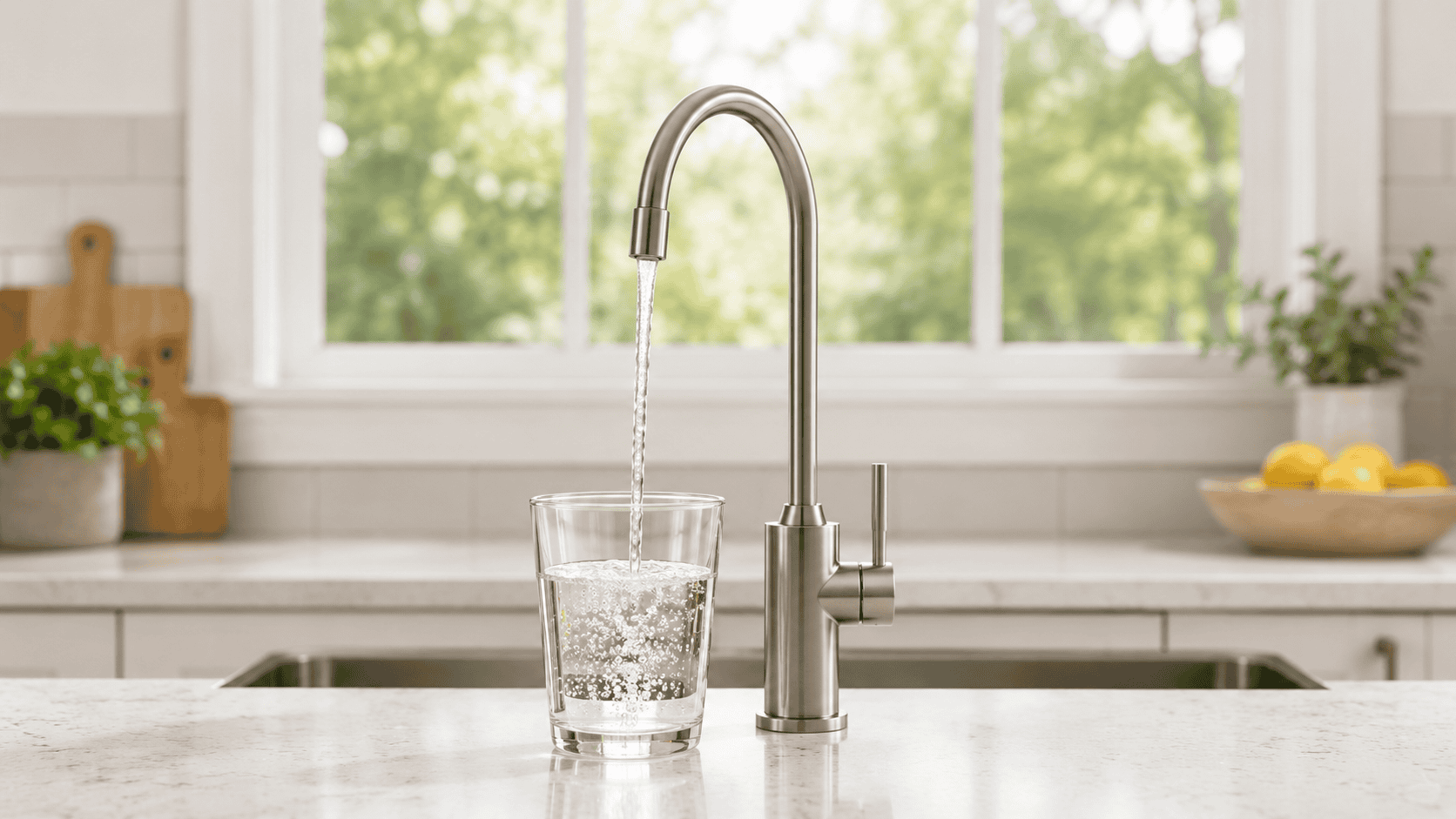 Dedicated drinking water faucet dispensing clear filtered water into a glass for a Clearly Filtered under-sink water filter review.