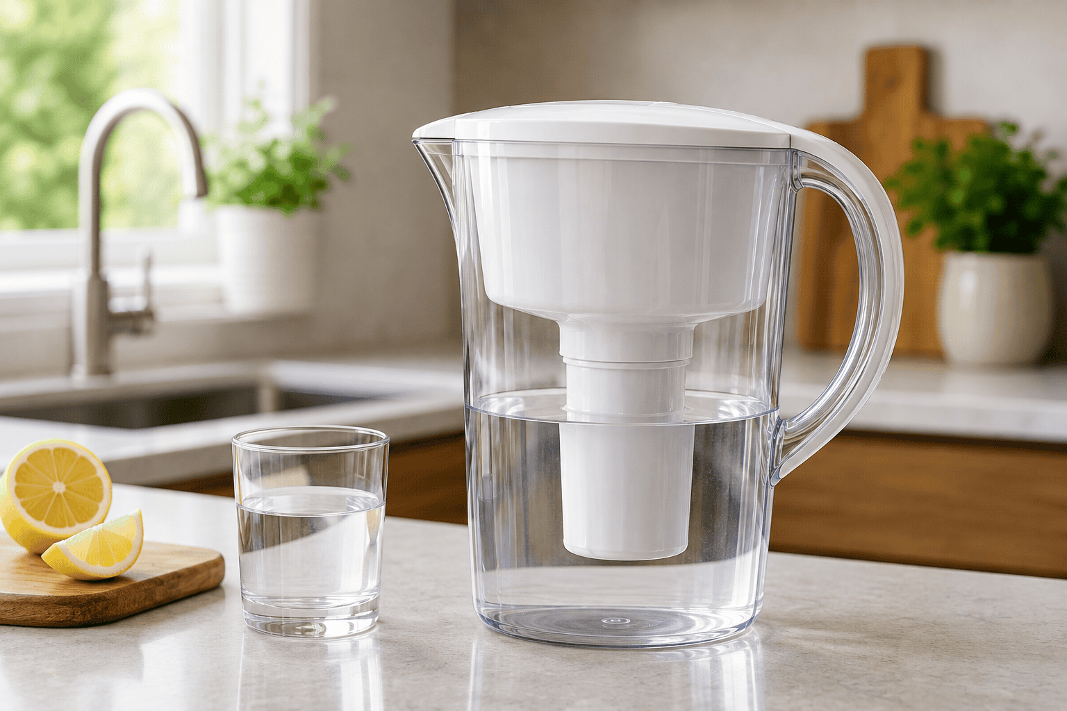 Clearly Filtered water pitcher with a glass of filtered water on a bright modern kitchen counter.