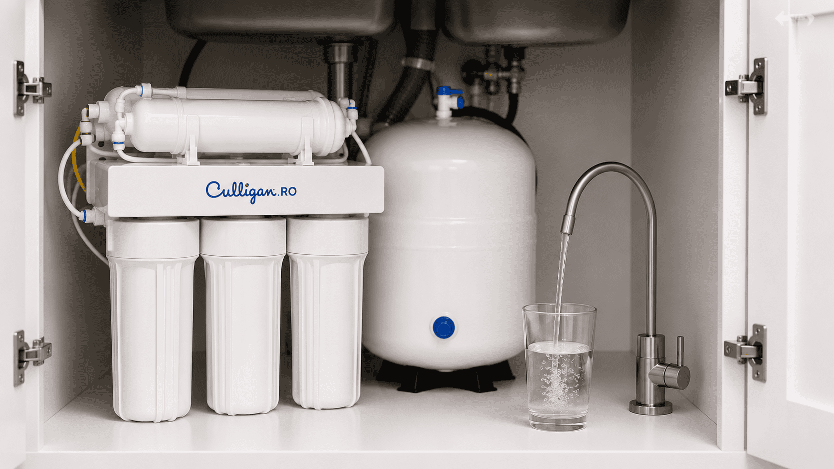 Culligan under-sink reverse osmosis system with storage tank and dedicated faucet dispensing filtered water into a glass.