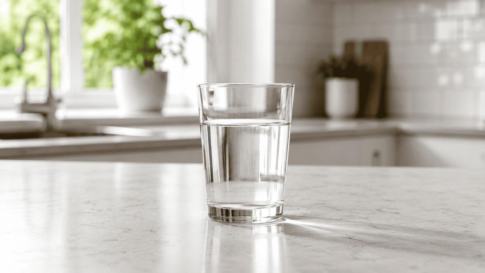Glass of filtered drinking water on a kitchen countertop for an Epic Nano water filter review.