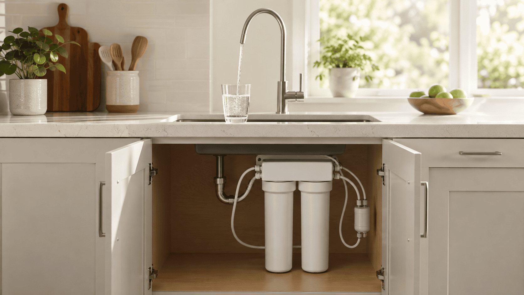 Generic under-sink water filter installed beneath a kitchen sink with a dedicated faucet dispensing filtered water into a glass.