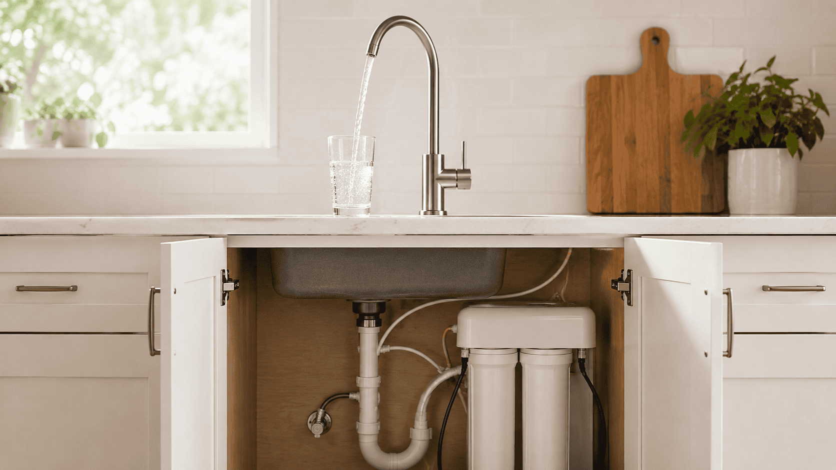 Generic under-sink water filter installed beneath a kitchen sink with a dedicated faucet dispensing filtered water into a glass.