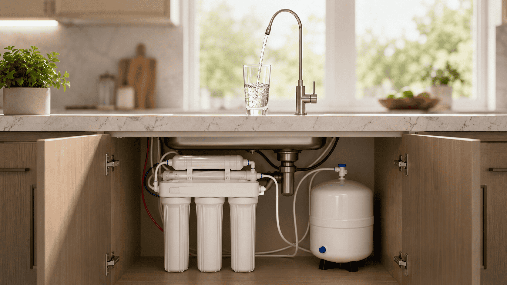 Generic under-sink reverse osmosis system with storage tank and dedicated faucet for a Home Master TMAFC review.