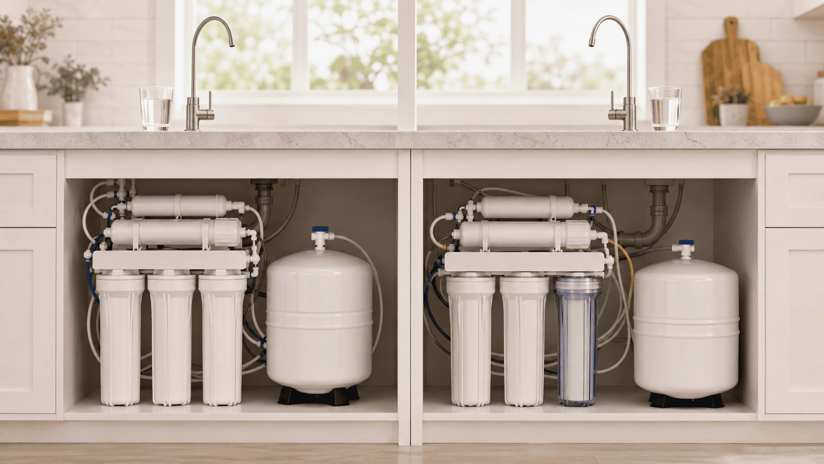 Two under-sink reverse osmosis systems with storage tanks and dedicated faucets shown side by side for an iSpring RCC7AK vs APEC ROES-50 comparison.