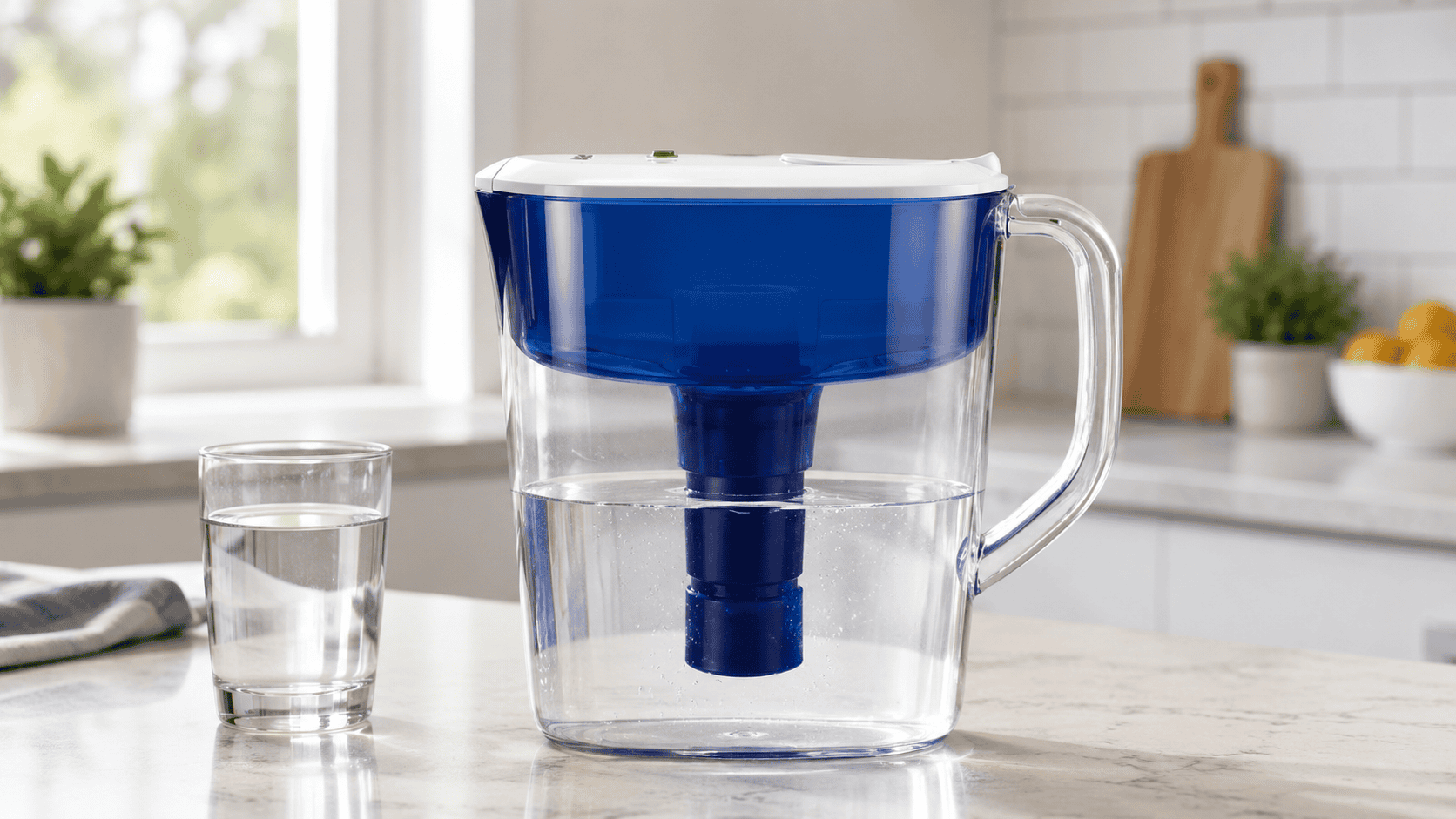 PUR PLUS water filter pitcher with a glass of filtered water on a bright modern kitchen counter.