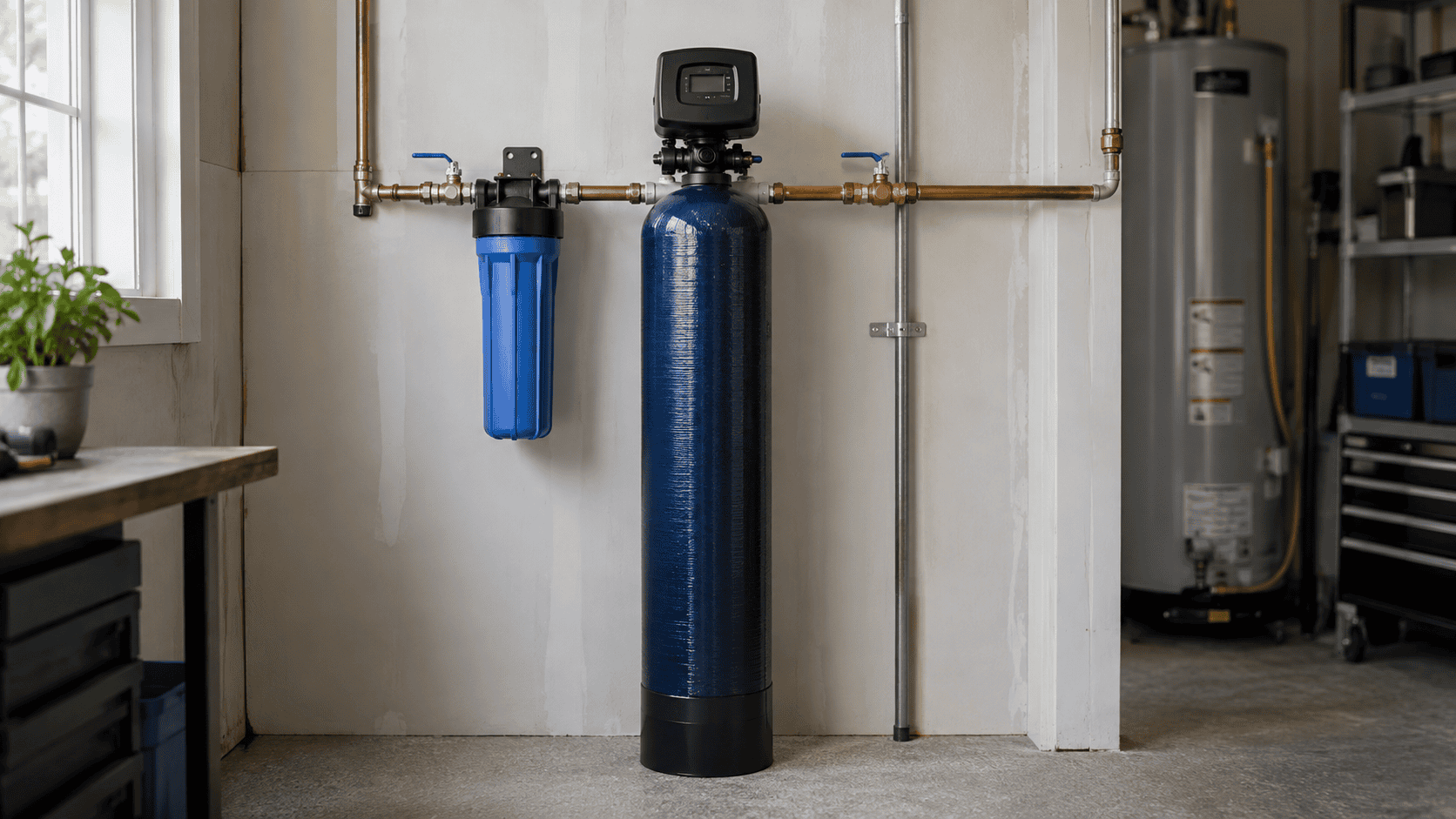 SpringWell CF1 whole house filter installed on a home’s main water line in a clean utility room.