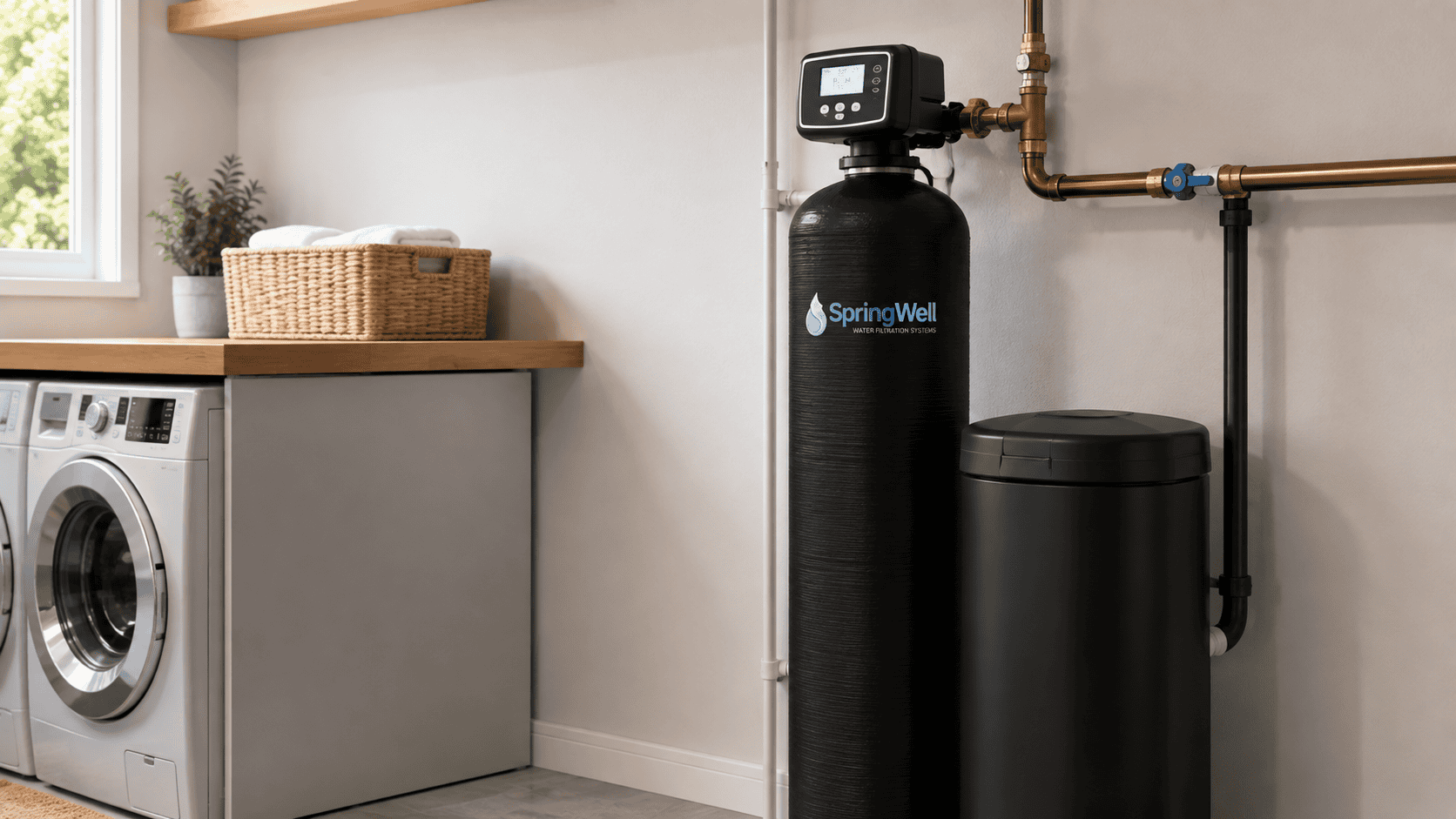 SpringWell whole house water softener installed in a bright utility room beside a washer and dryer.