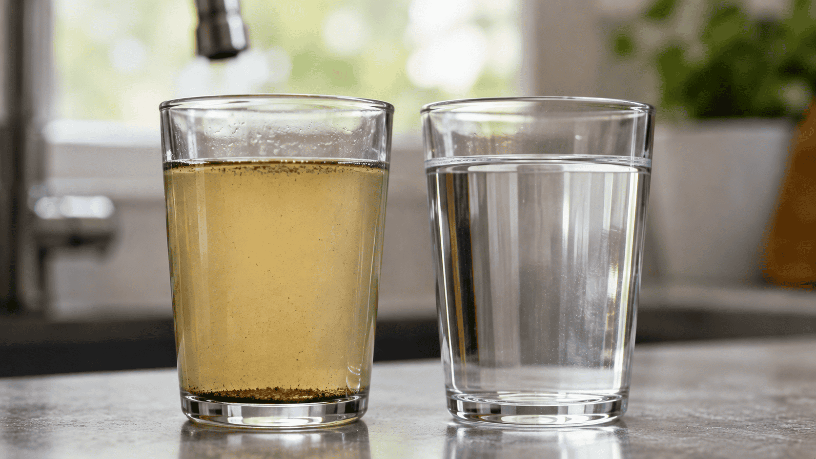 Side-by-side glasses showing sediment-heavy well water before filtration and clear water after treatment.