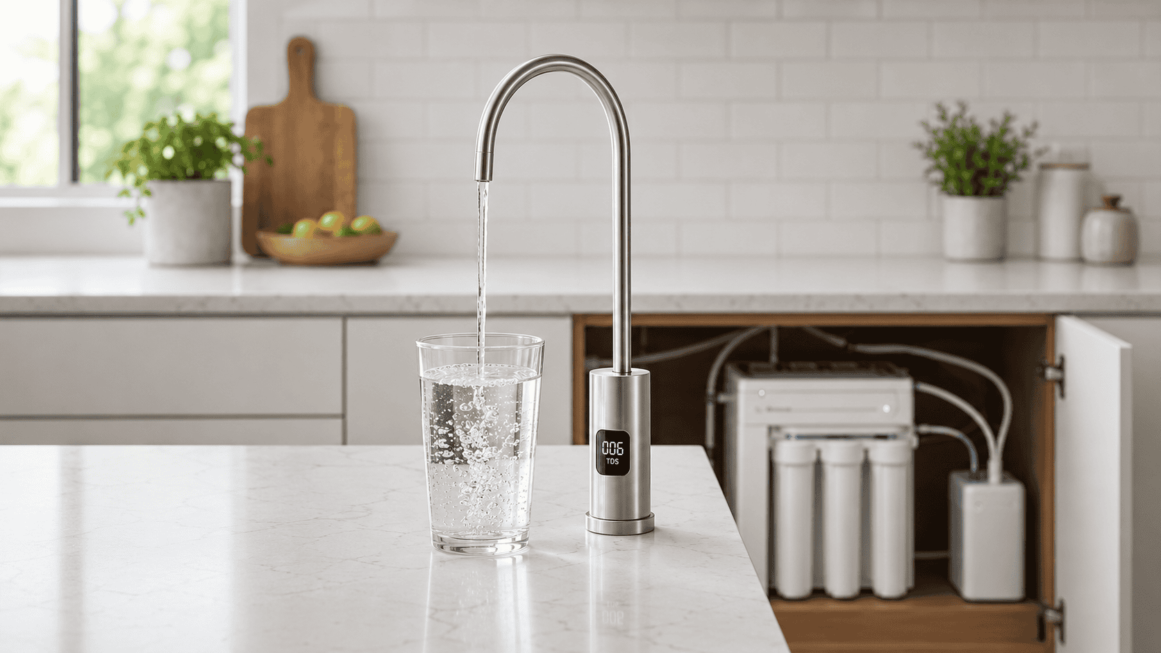 Waterdrop G3P800 tankless reverse osmosis faucet dispensing filtered water into a glass in a modern kitchen.