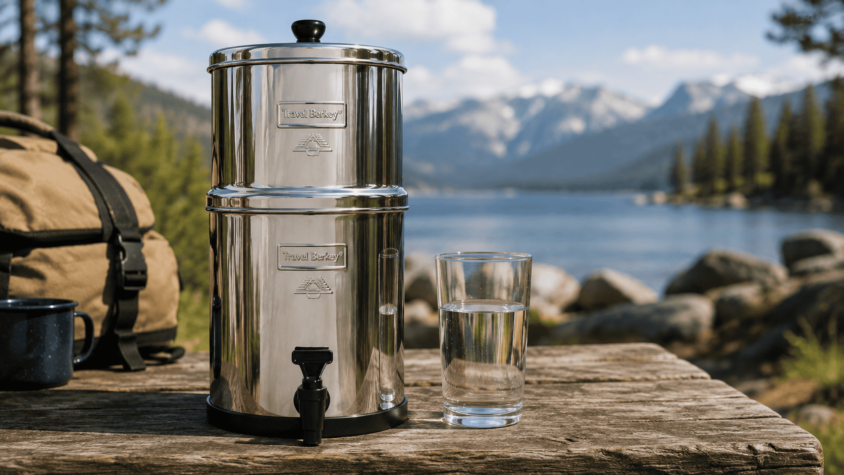 Travel Berkey stainless steel gravity water filter with a glass of filtered water beside a mountain lake.