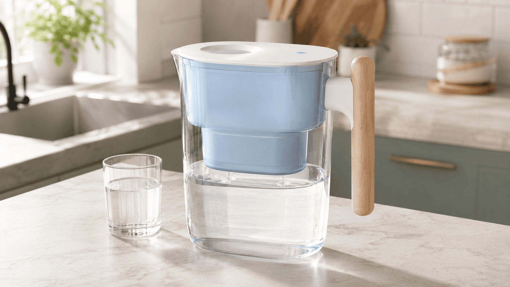 Waterdrop Chubby water filter pitcher with wooden handle and a glass of filtered water on a bright kitchen counter.