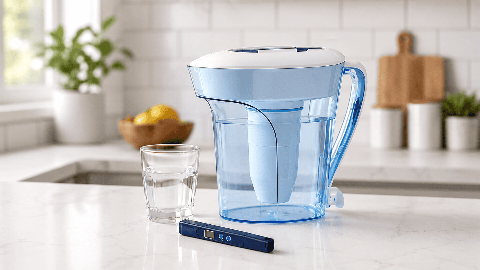 ZeroWater 5-stage water filter pitcher with a glass of filtered water and TDS meter on a modern kitchen counter.
