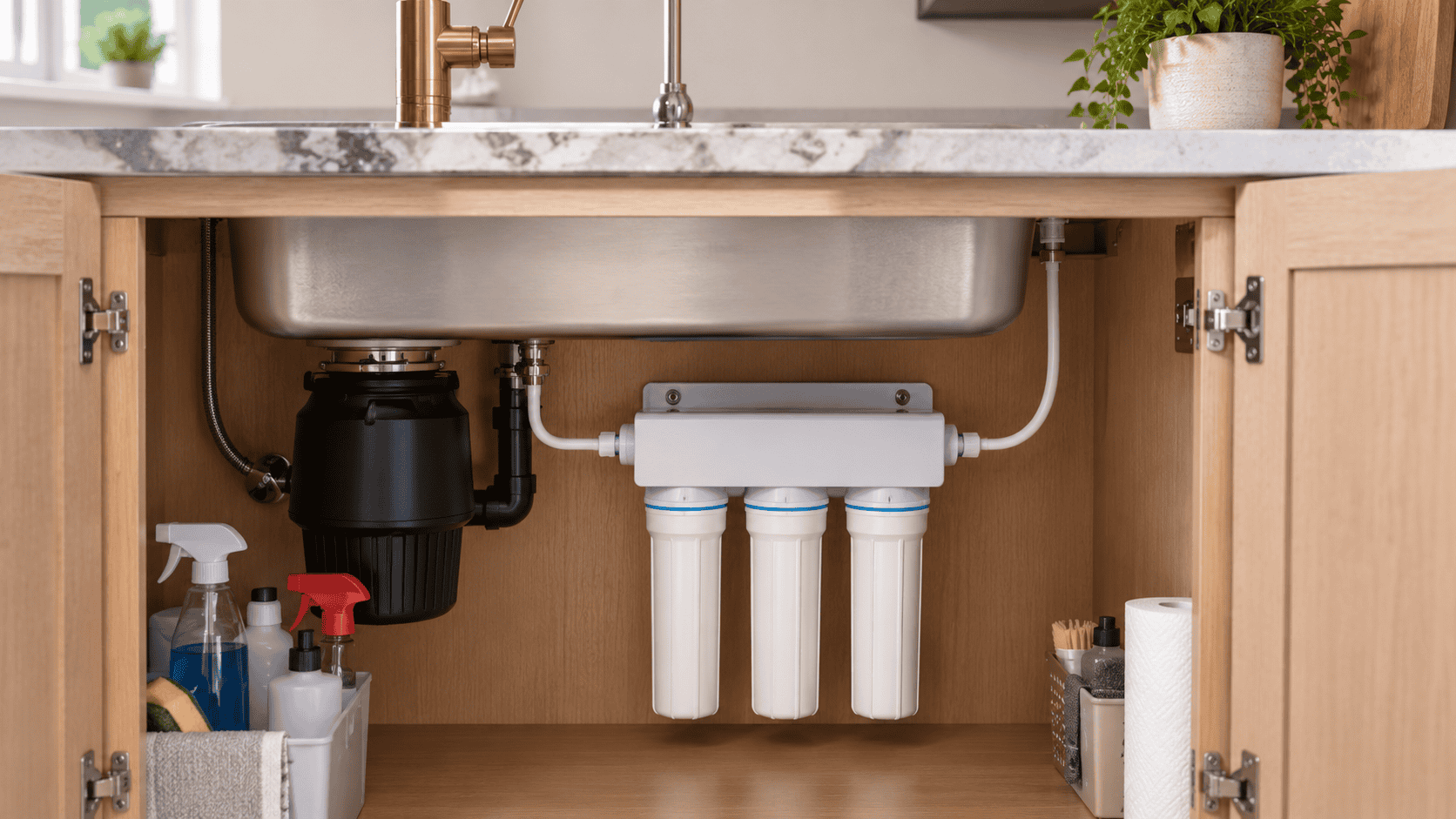 Three-stage under-sink water filtration system installed beneath a kitchen sink.